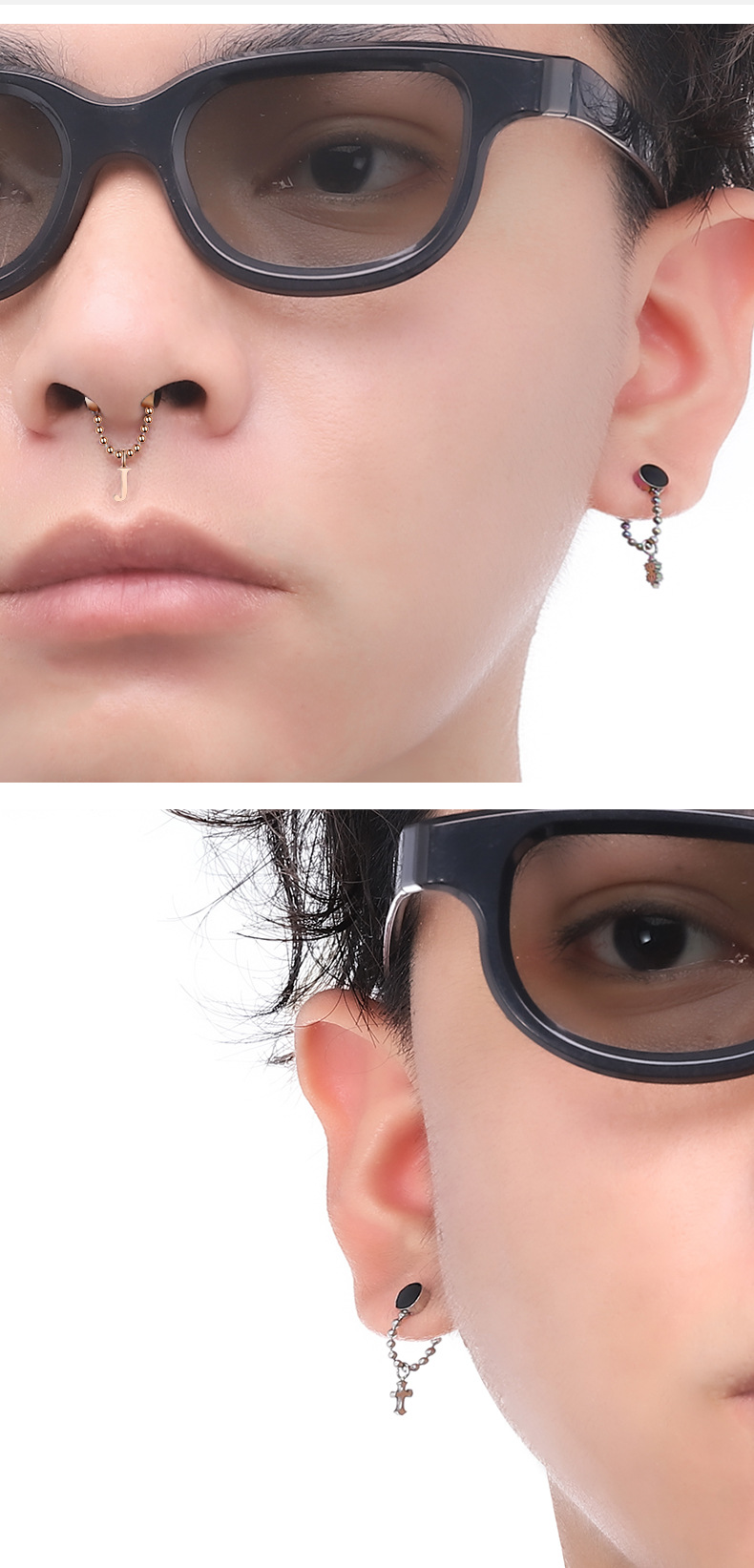 欧美简约不锈钢耳环字母鼻圈无孔磁吸假鼻环耳夹鼻夹鼻环穿刺饰品