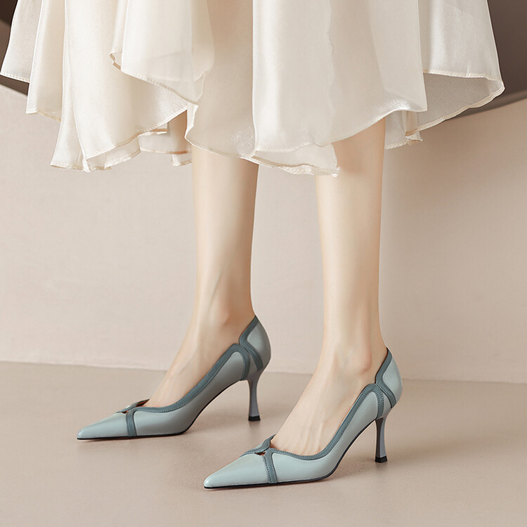 拼色设计高级感7公分高跟鞋女2023早春新款浅口单鞋法式真皮宴会