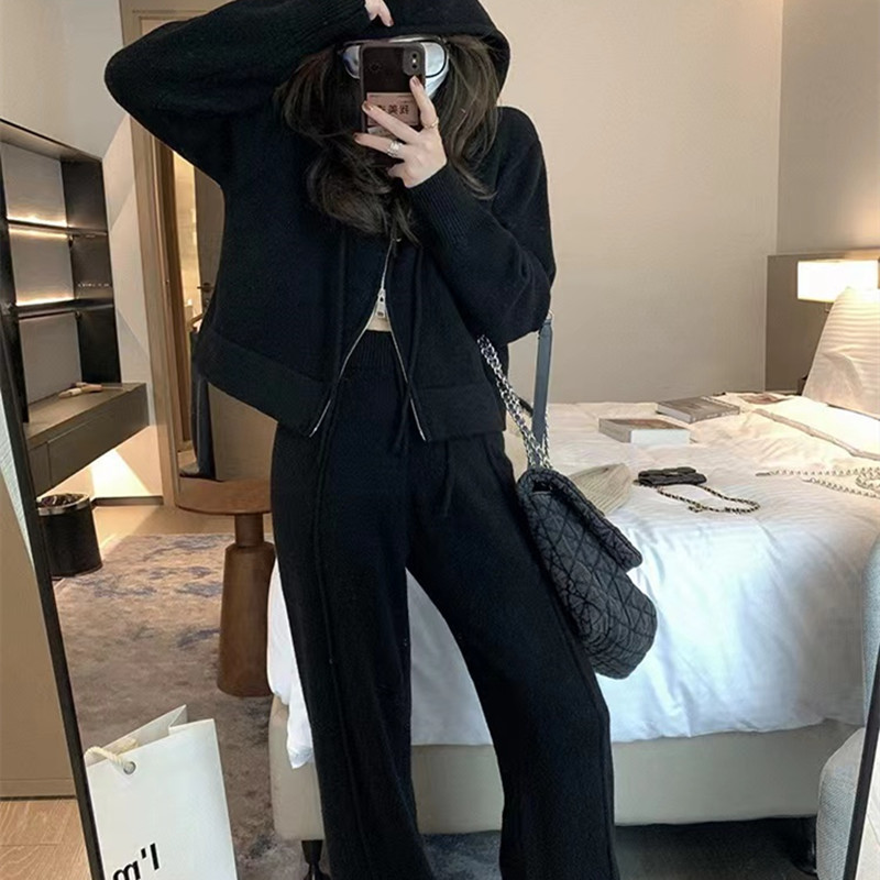 Lazy Sweater Suit Female 2024 Autumn and Winter New Hooded High Waist Knit Coat Slit Casual Pants Two-Piece Set