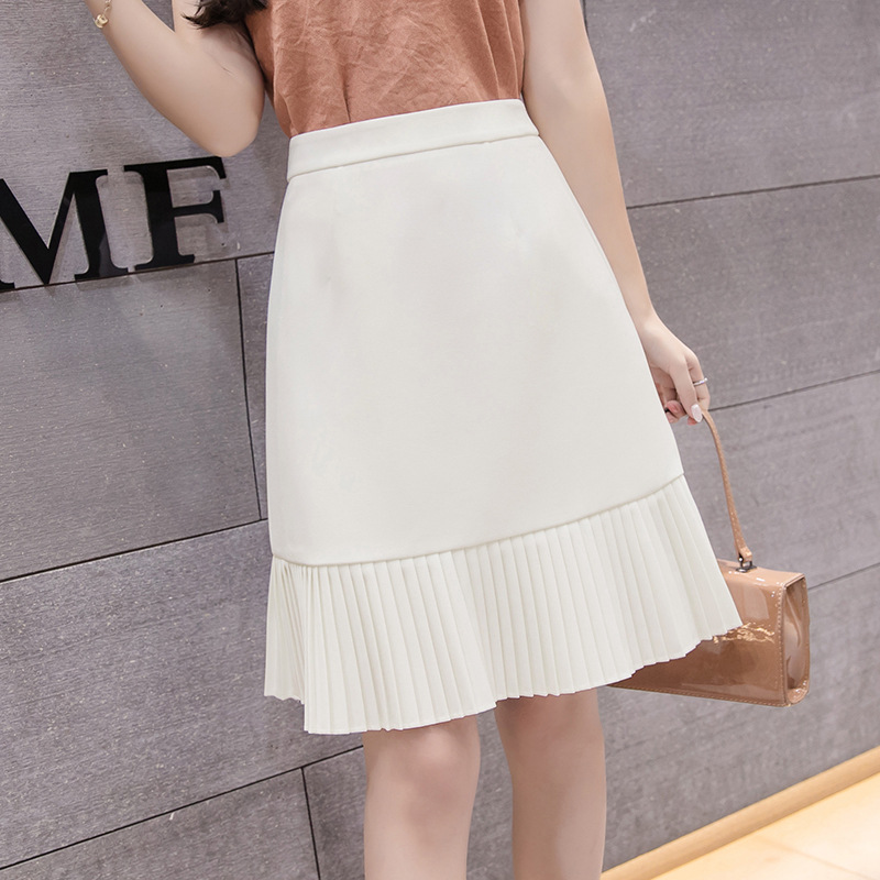 米白色百褶拼接半身裙女春夏202新款高腰显瘦a字包臀及膝盖中裙