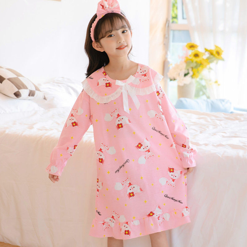 Children's Lingerie Long Sleeve & Girls' Spring and Autumn Pure Color Cotton Ocean Princess Children Home Wear Girl Cartoon Korean Skirt