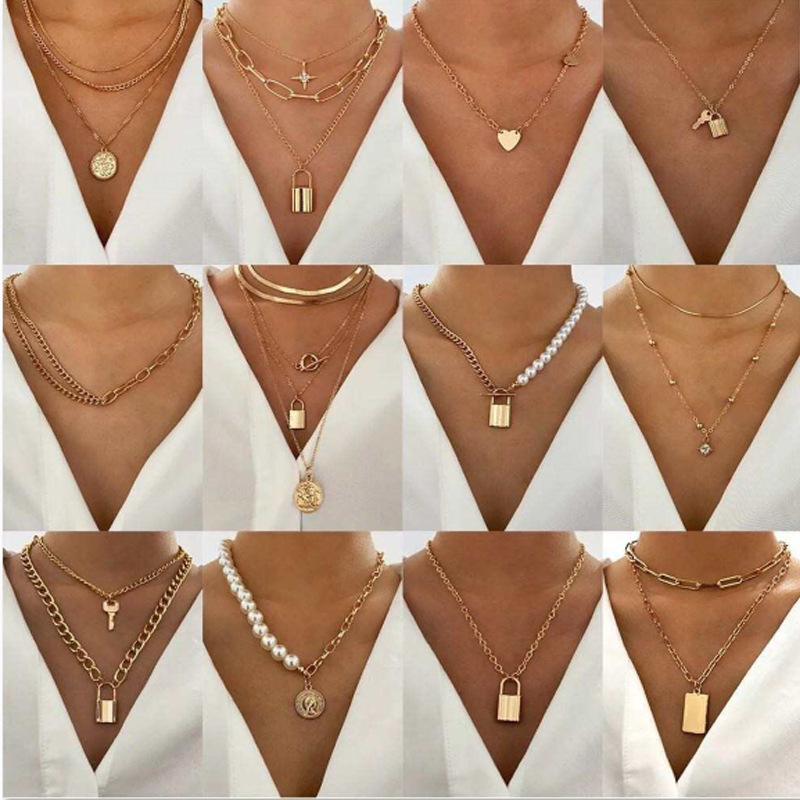 2021shopee Pearl Lock European and American Style Creative Simple Fashion Elegant Women's Jewelry Geometric Chain Necklace