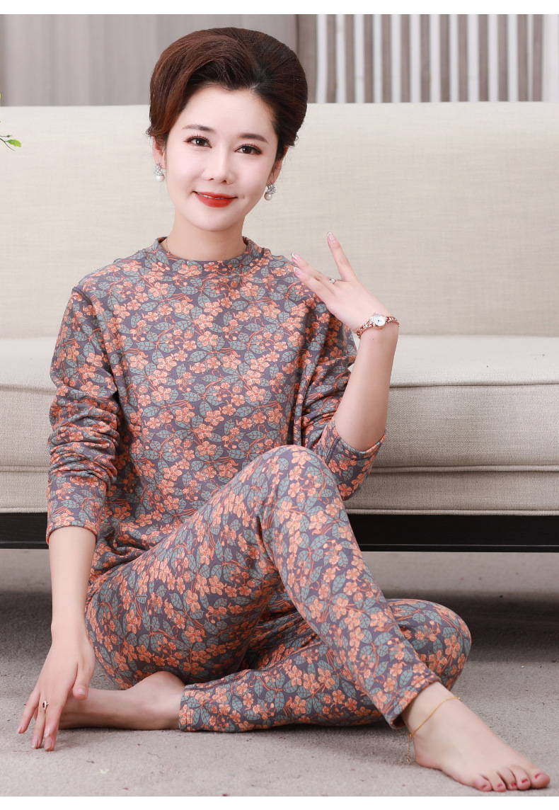 中老年大码印花徳绒保暖套装女士半高领宽松秋冬加绒妈妈装批发详情12