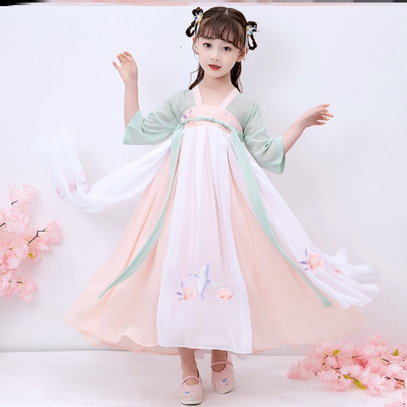 儿童中国舞汉服桃花笑女孩古风舞蹈演出服古代练功服夏天超仙古装