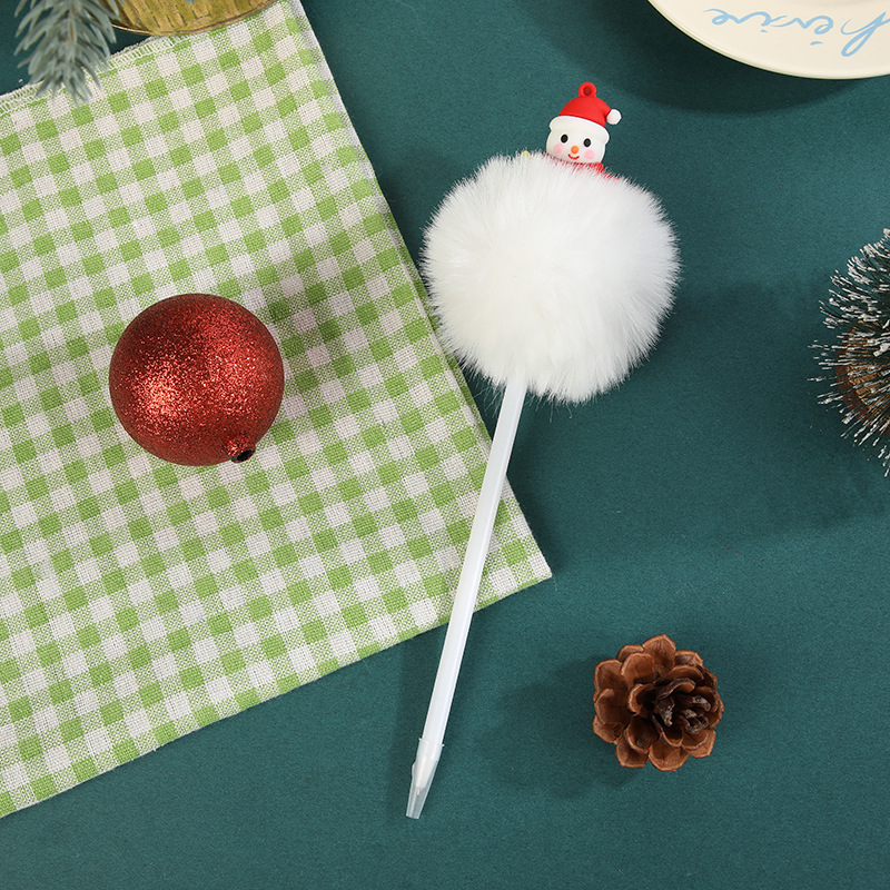 Creative Christmas Style Pompom Pen Ballpoint Pen Cute Cartoon Snowman Christmas Stationery School Opening and Closing Small Prize