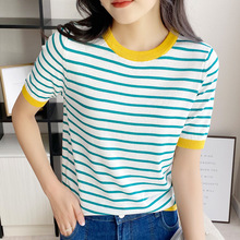 冰丝短袖t恤女24夏季新款设计感小众薄款条纹打底衫撞色针织上衣