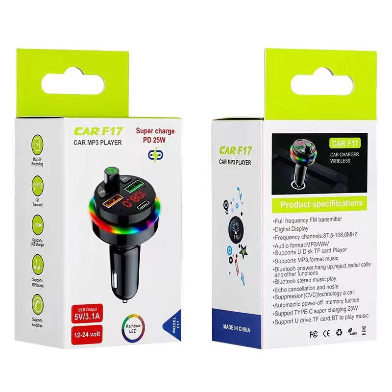 Car MP3 Bluetooth Player Seven-Color Ambience Light FM Transmitter U Disk TF Card Expansion F17usb Car Charger F16