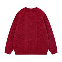 氛围感麻花纹红色毛衣女冬季新年情侣装宽松加厚慵懒风内搭针织衫
