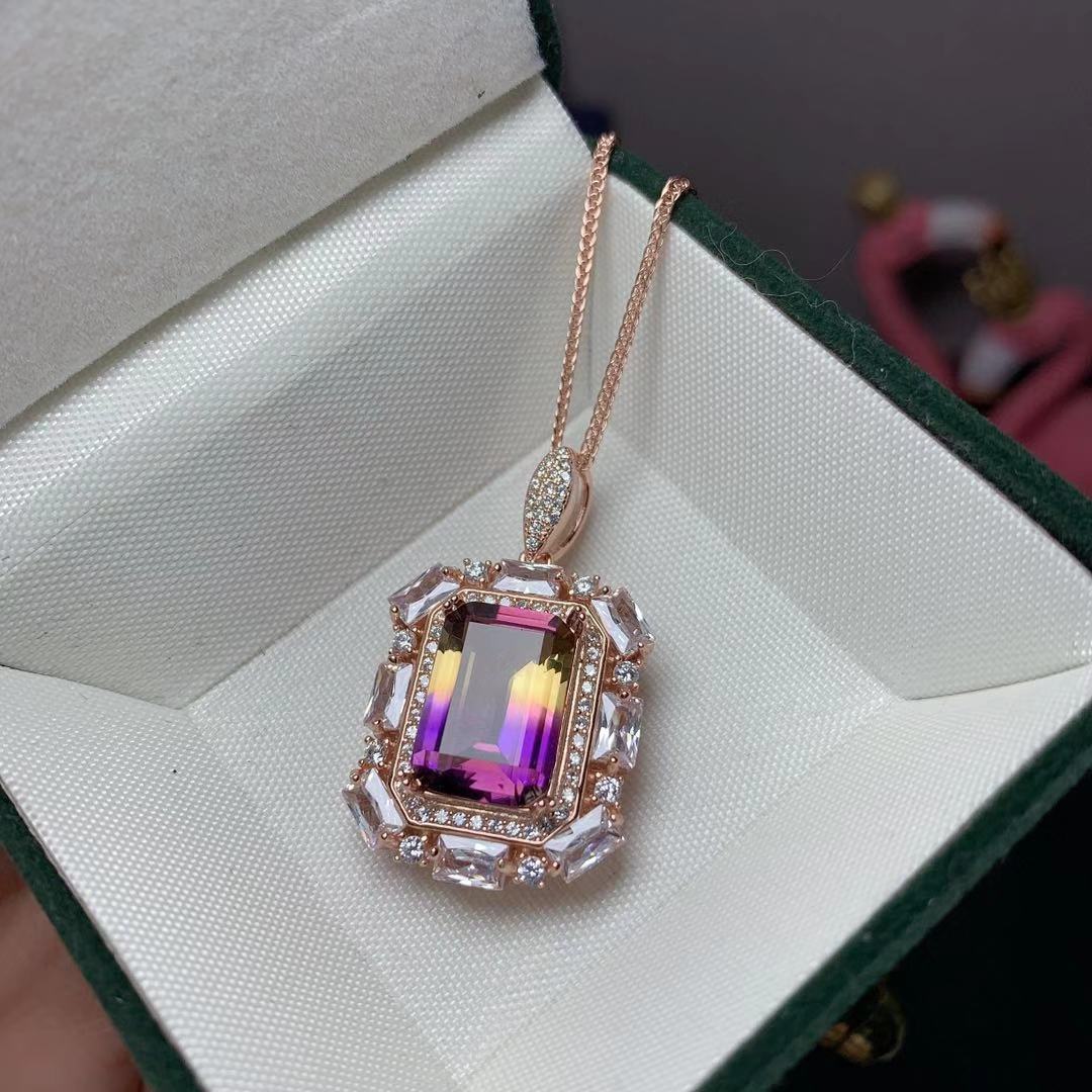 紫黄晶吊坠925银镶嵌锁骨链饰品时尚新品配饰女士彩宝吊坠-阿里巴巴