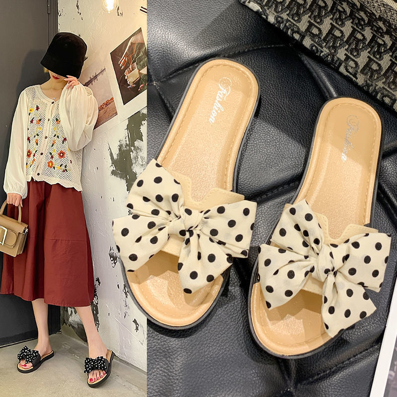 bowknot fashion slippers summer outdoor slippers women‘s one-word slippers red ins sandals street shot trendy chanel style