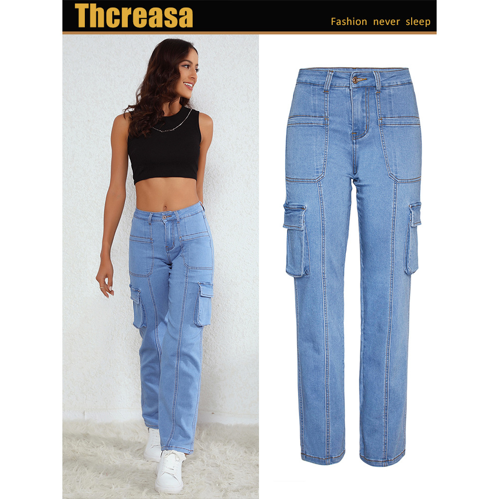 European and American High Waist Jeans Women's Spring and Autumn Straight-Leg Pants Loose Elastic Big Workwear with Pocket Jeans