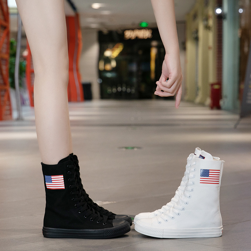 中筒前系带侧拉链美国国旗图案帆布鞋休闲鞋手绘鞋6159中筒026