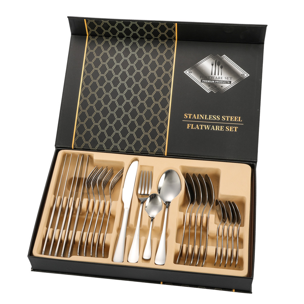 Amazon Hot 1010 Stainless Steel Tableware 24-Piece Set Steak Knife, Fork and Spoon Four Main Pieces Cross-Border Gift Set