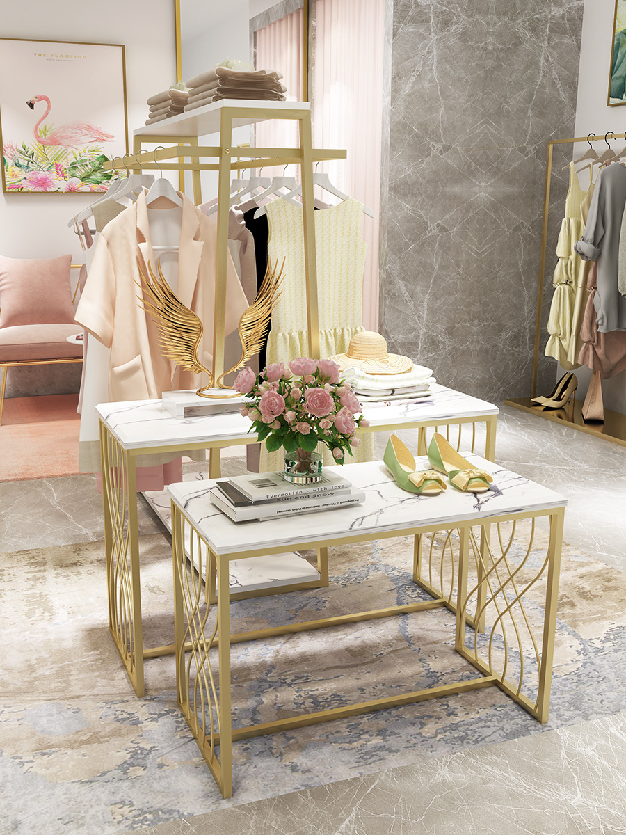 服装店展示架中岛双排架子女装店铺中间流水台轻奢金色挂衣架