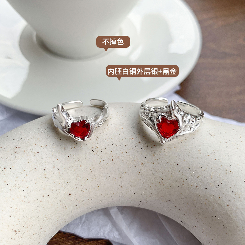 Zhiyun Ruby High-Grade Temperament 925 Sterling Silver Ring Female Light Luxury Minority Heart-Shaped Accessories Fashion Open Ring