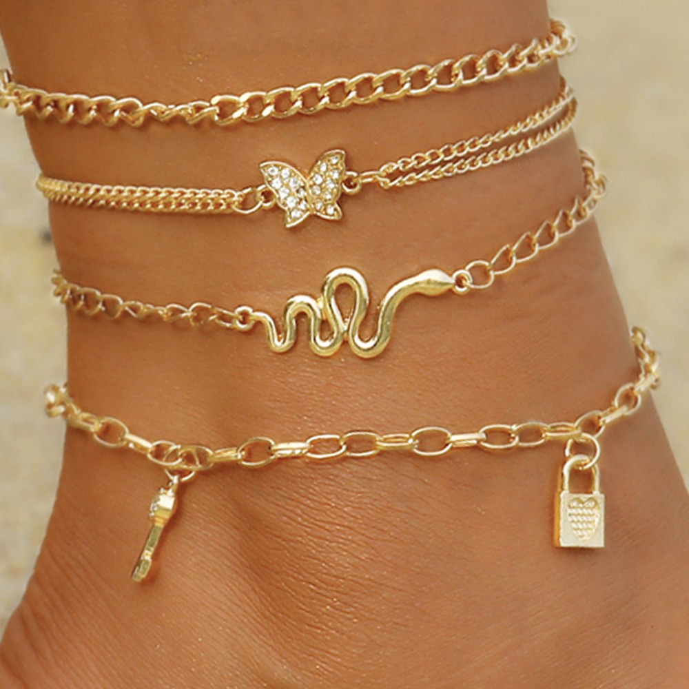 european and american cross-border new anklet retro personality multi-element snake diamond butterfly lock pendant combination anklet