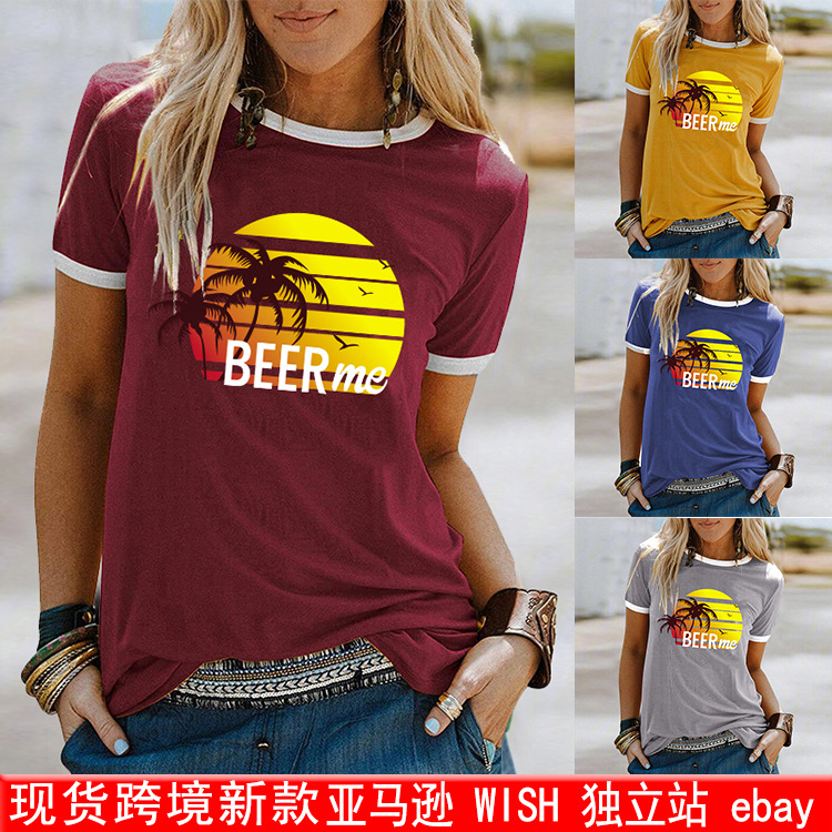 新款世纪服饰独立站休闲大码女装亚马逊beer me椰子树t恤短袖