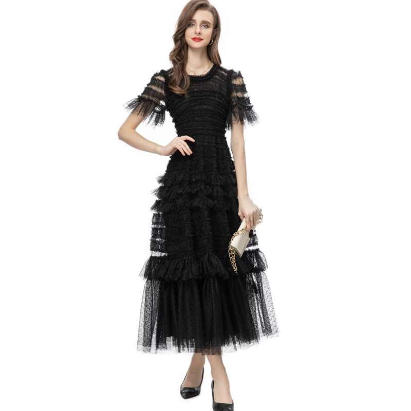 复古风圆领短袖荷叶边黑色网纱礼服连衣裙 欧美秋冬女装新款2023