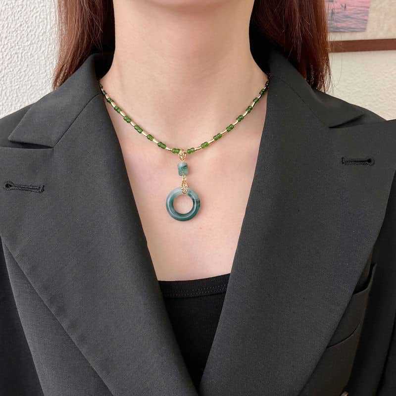 2024新款复古渐变绿色平安扣吊坠项链轻奢小众气质高级感锁骨链女