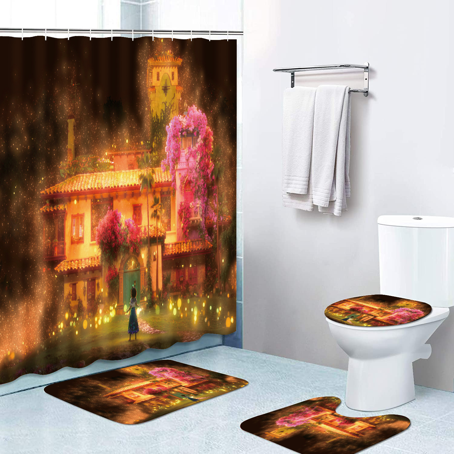 Magic Full House Shower Curtain 4 PCs Set Encanto Waterproof Shower Curtain Carpet Non-Slip Mat Toilet Mat Floor Mat Set