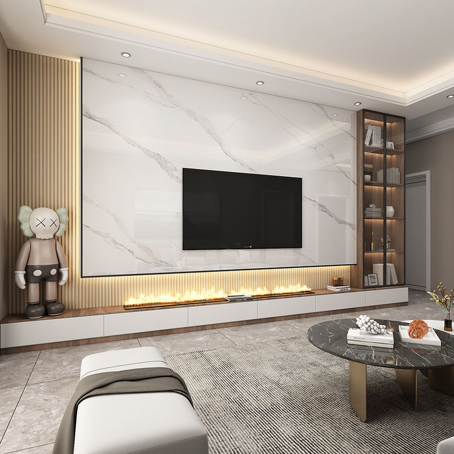 岩板电视背景墙悬空影视墙格栅装饰大理石地台岩石大板轻奢电视墙