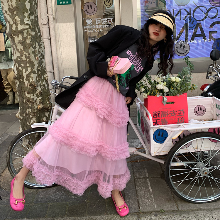陆续发花仙子裙子设计感小众粉色蛋糕裙女小个子粉紫色网纱半身裙