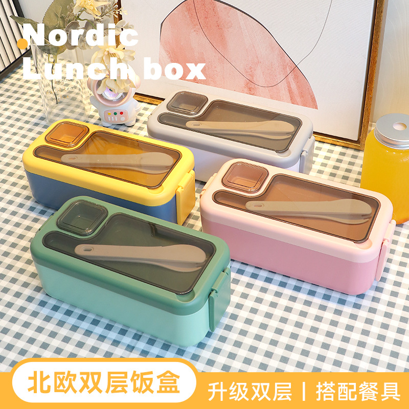 Japanese-Style Microwave Lunch Box Heating Student Office Worker Fitness Family with Rice Sealed Fruit Double Deck Compartment Bento Box