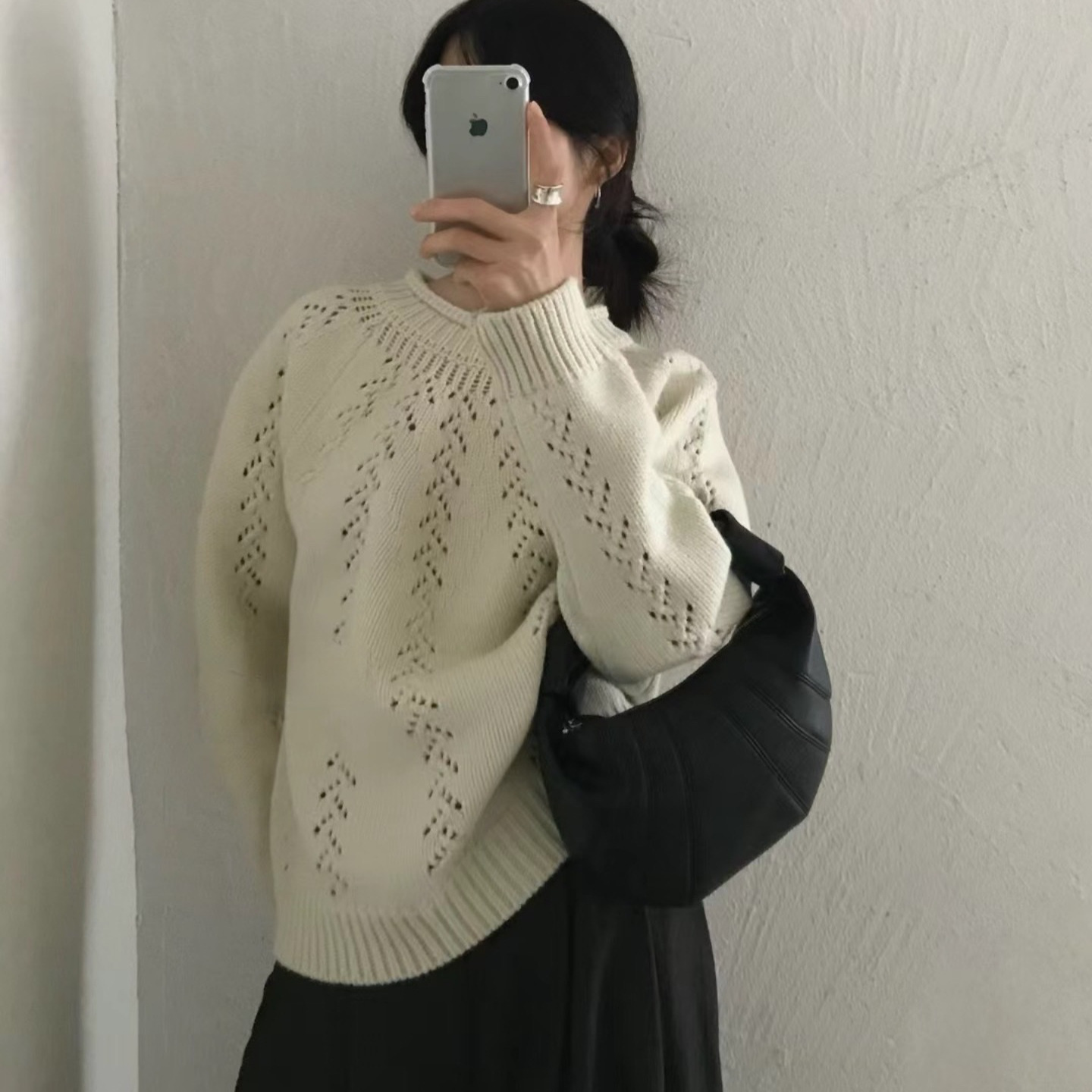 2025韩系镂空卷边针织衫女秋冬慵懒风宽松套头毛衣厚减龄洋气批发