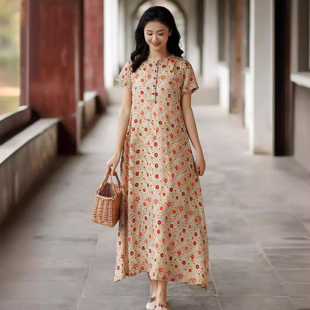 2024夏新款轻薄苎麻印花国风复古短袖a版旗袍式长款连衣裙女式