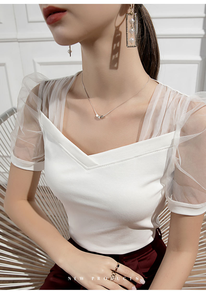 夏季法式方领t恤女短袖网纱公主袖修身夏装新款纯棉仙气上衣