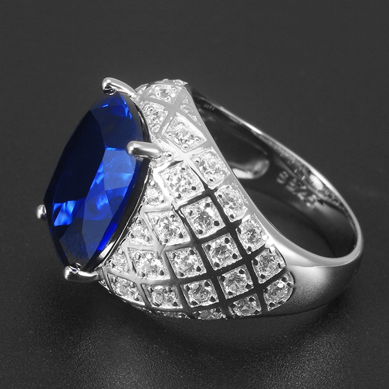 高端潮男开口肥长方蓝宝石戒指 满钻群镶锆石仿真深蓝坦桑石戒指
