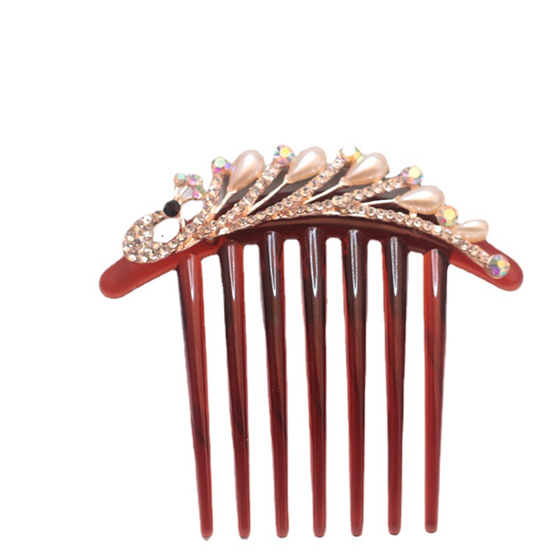 Peacock Hair Comb Korean Pearl Seven-Tooth Hair Comb Updo Rhinestone Women's Back Head Hair Clasp Hair Accessories Headdress Wholesale