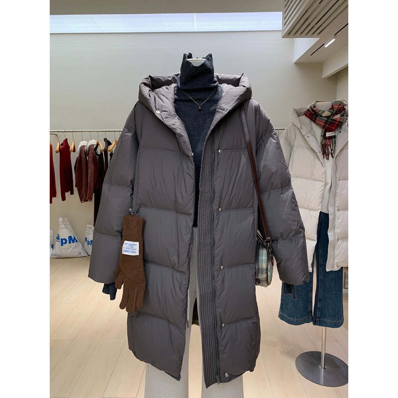 秋冬巨保暖连帽羽绒服女中长款小个子柔软面包服高级灰时尚百搭韩