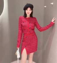 2022年秋冬新款红色甜美长袖针织短款上衣短半裙套装