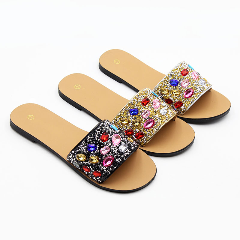 flat slippers 跨境新款夏季拖鞋女外穿平底时尚水晶沙滩拖鞋批发