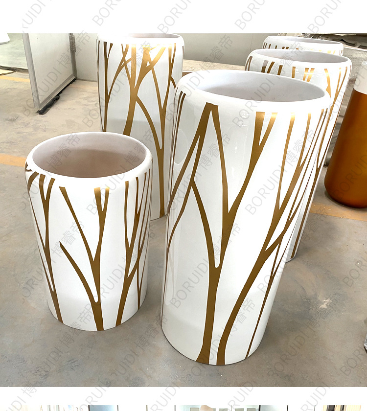 玻璃钢圆柱彩绘纹路花盆商场酒店会所圆形组合线体美陈绿植花器