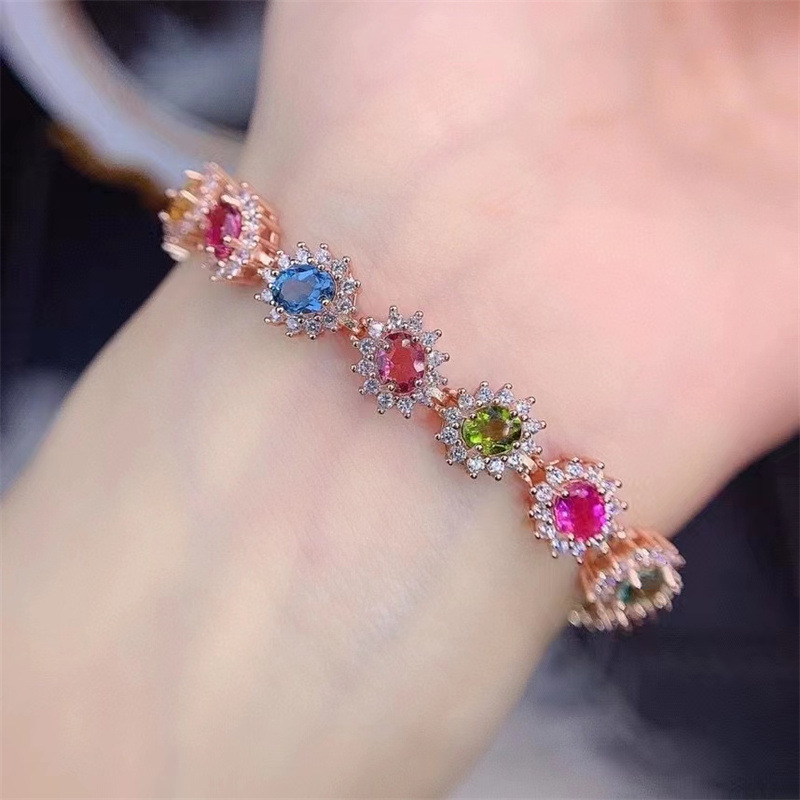 925银镶嵌小众轻奢设计款豪华时尚巴西天然多彩碧玺手链-阿里巴巴