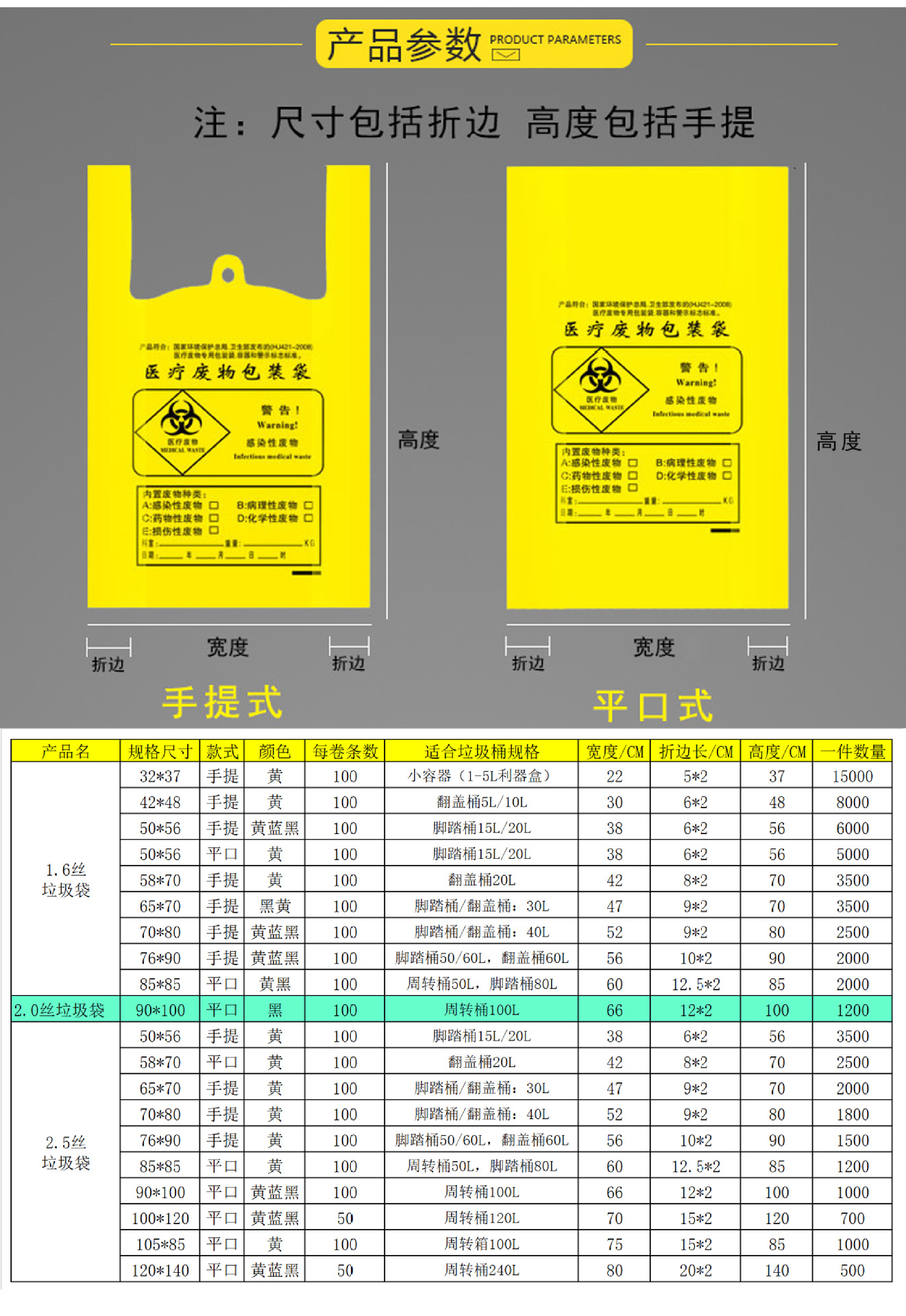 医疗废物垃圾袋背心手提医用诊所用小号黄色塑料利器盒袋32*37cm