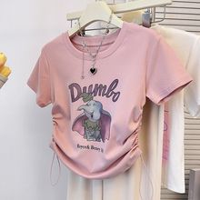 儿童卡通小飞象短袖T恤女童夏短款小个子设计感抽绳修身冰丝上衣