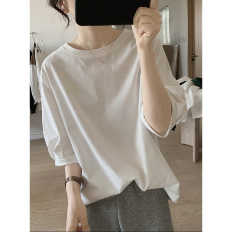 夏季新款宽松显瘦圆领简约棉质短袖t恤女式灯笼袖小清新半袖上衣