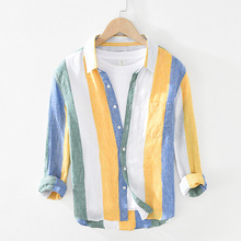 1931男士色织亚麻长袖衬衫青年文艺清新宽松条纹方领衬衣一件代发