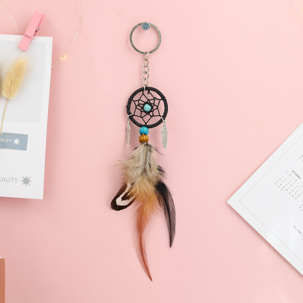 新款编织植绒布捕梦网钥匙挂坠 手工编织民族风室内装饰羽毛挂件