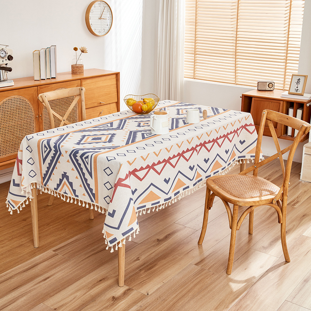 bohemian style contrasting color geometric printed tablecloth rectangular dustproof non-slip dining table cushion tassel tablecloth