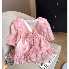 设计感荷叶边系带短袖衬衫女夏季新款粉色小个子V领雪纺衬衣时尚