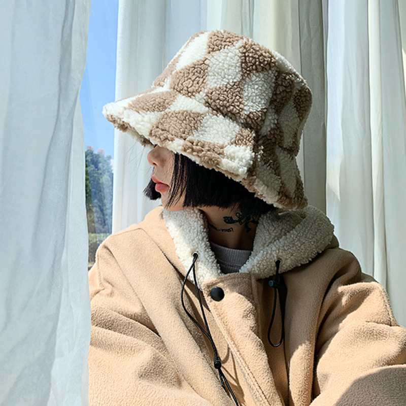 格子羊羔毛渔夫帽女 秋冬复古棕色帽子 韩版百搭大帽檐保暖盆帽」