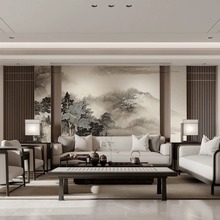 新中式水墨山水画壁纸卧室床头电视背景墙纸手绘树木书房茶室壁布