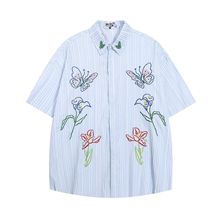 夏季美式复古简单刺绣花卉条纹衬衫IT男女办公宽松情侣上衣潮牌