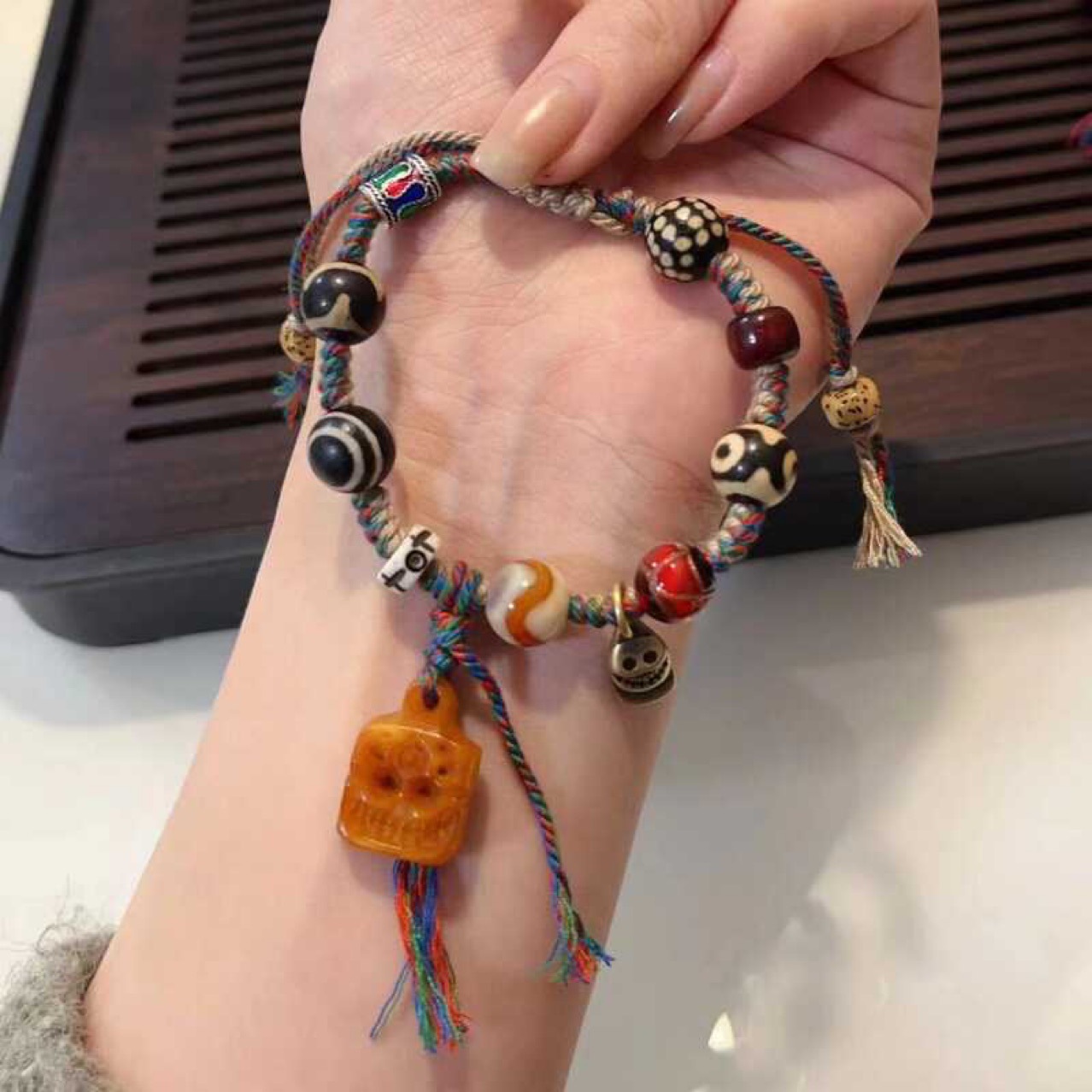 天珠多宝手绳手链搭配驼骨阿呆古法琉璃文玩佛珠手串民族风复古