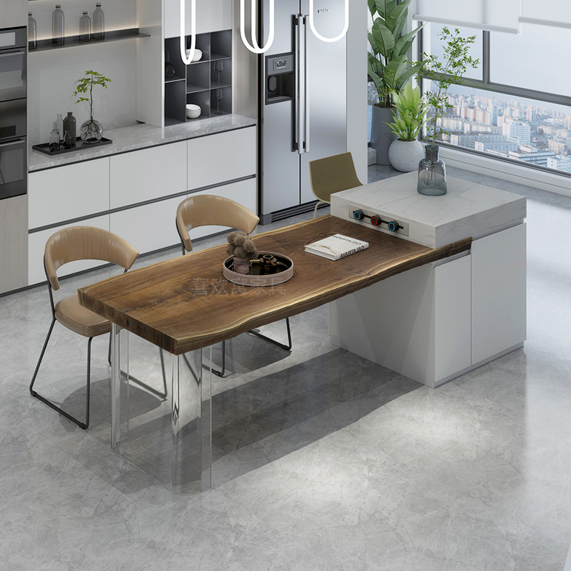 岩板胡桃木柚原木大板岛台餐桌一体家用多功能伸缩中导台简约