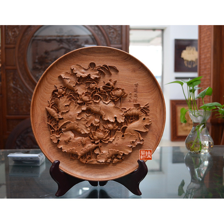 东阳木雕浮雕荷花文雅办公家用桌面红木摆件社交礼品厂家直销